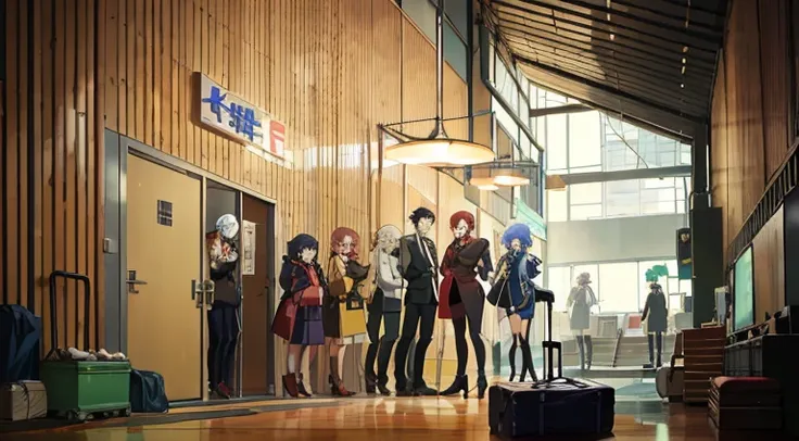 There are many suitcases lined up in the building, VA-11 Hall-A, Madhouse Studio anime style, In animated films《Ergo Agent》Curly, Opening scene, anime scene, ( ( Shinkai sincerely ) ), in anime series《ergo proxy》Curly, Kuro anime screenshots, tokyo anime a...