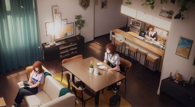 Anime scene of a couple sitting on the sofa in the living room, anime scene, ( ( Shinkai sincerely ) ), sitting alone in a cafe, Still from TV animation, Shinkai sincerely. —h 2160, Sit at the table, sitting at table, Shinkai sincerely!, Sitting alone in a...