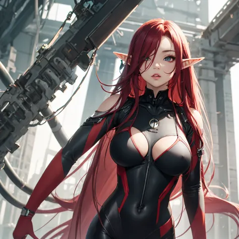 Long red hair, big breasts, plug suit, elf ears, hanging eyes