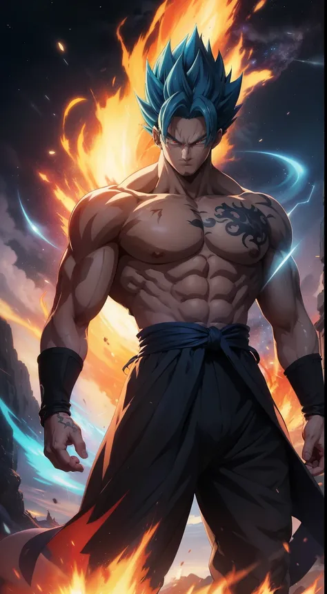 Get ready for a visual feast with Goten having a handsome face and piercing red eyes, glowing blue hair and tattoo, well-proportioned character portraits and landscapes, and a perfect body. In his transformed state, he radiates extreme instinct and power, ...