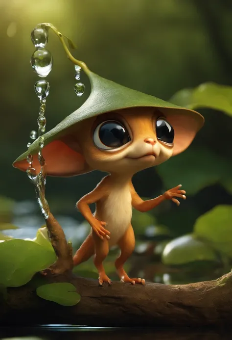 真实感, Realism, Cute alien creatures, look like gremlins，Tiny creatures, big eyes, large ears, acorn hat on head, stands under the crown of an oak tree by the water, touches water with fingers,  Raindrops, Sverchkov, there are acorns in the clearing,