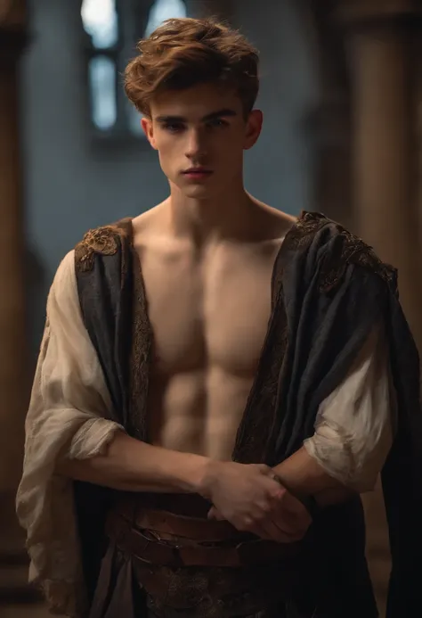 Shirtless 18 yo slim twink wearing torn medieval clothes.