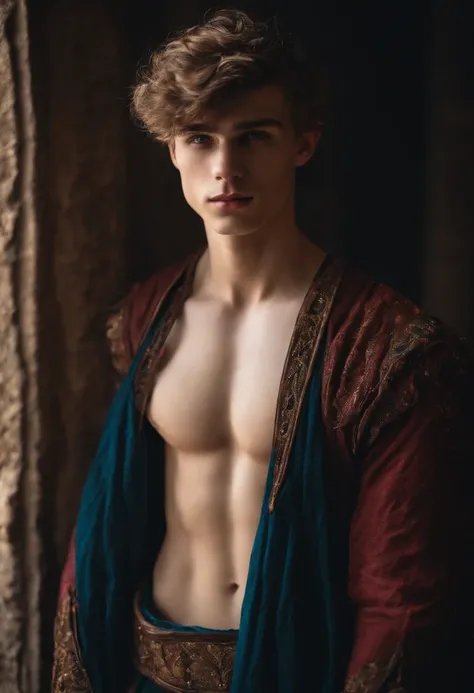 Shirtless 18 yo slim twink wearing torn medieval clothes.