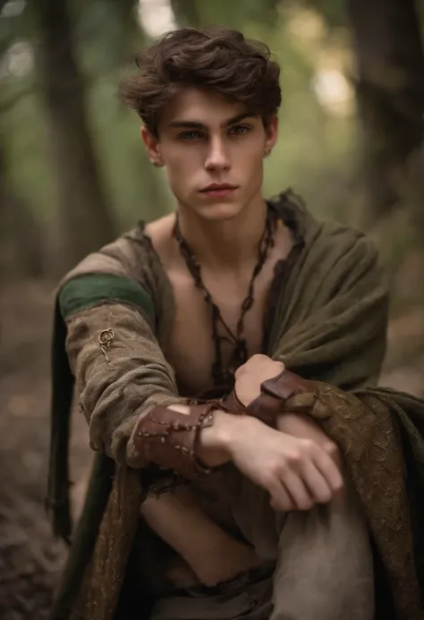 Shirtless 18 yo slim twink wearing torn medieval clothes.