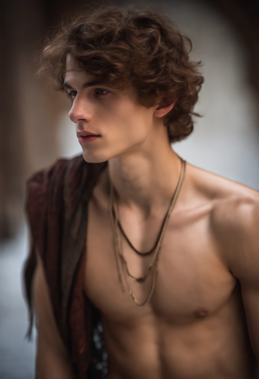 Shirtless 18 yo slim twink wearing torn medieval clothes.