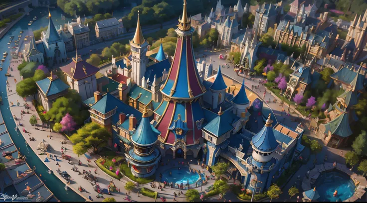 aerial perspective，（disney theme park：1.4），Beyond imagination，Overclocked renderer，Colorful，Vibrant colors，high high quality，16K resolution，（Best quality），（tmasterpiece），ultra - detailed，Detailed details，Accurate