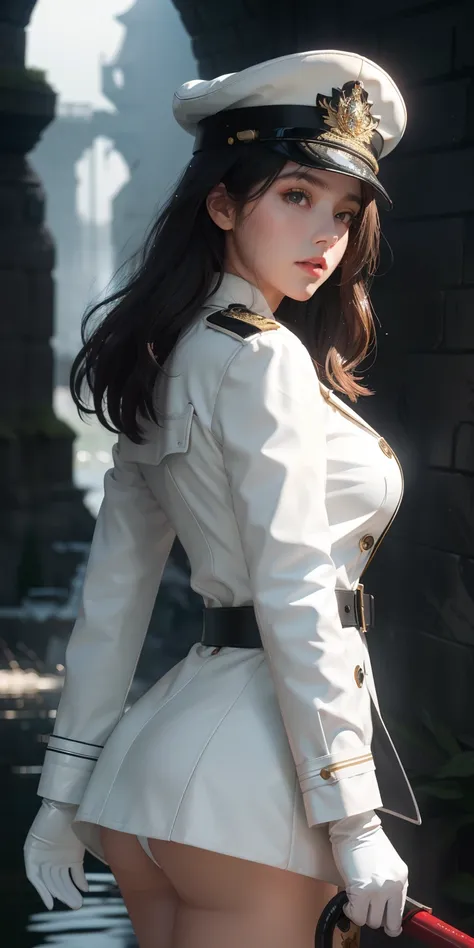 Very detailed CG, 1 girl, red face, slightly open lips, wet body, plump and symmetrical breasts, raised buttocks, long white trench coat, two-breasted buttons, buttoned well, white military cap, white gloves, white boots, green wavy curls, leather whip, ch...