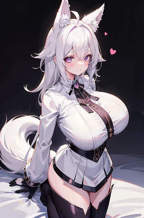 Blush, ((((White color blouse)))),  black long boots, ((((Huge white furry tail)))), (on top of the bed), Reclining, D-cups, White hair, ahoge,((hair covering one eye)), Heart-shaped pupils, Purple eyes, Fox ears, Evil smile, Seductive smile, hearts in eye...