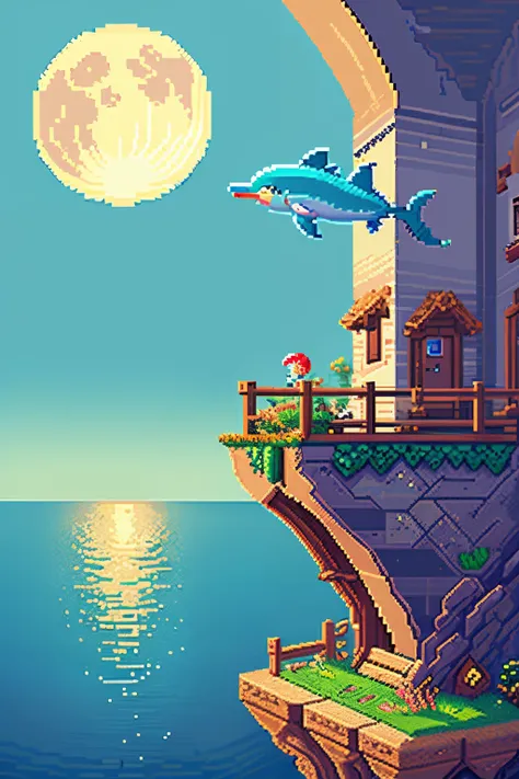 Pixel art of a huge moon rising over a calm sea, Beautifully detailed pixel art, detailed pixel art, lo-fi retro videogame, concept pixelart, Detailed pixel art, pixelart style, Pixel Town, pixel art animation, high quality pixel art, Dolphin jumping out o...