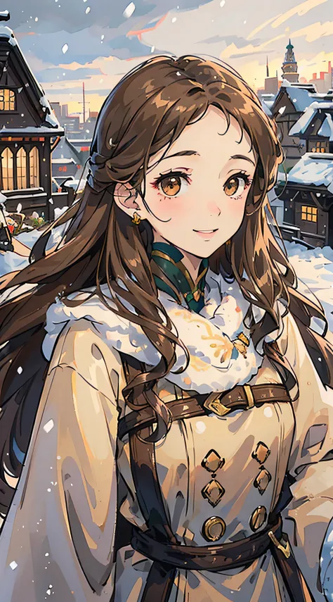 Woman , long brown wavy hair, long brown wavy hair, floating wavy hair, wavy hair, brown eyes, brown eyes, FOV, f1.8, masterpiece, complex scene, front portrait shot, winter clothing, snowing, city in background, close up, smiling, no bangs