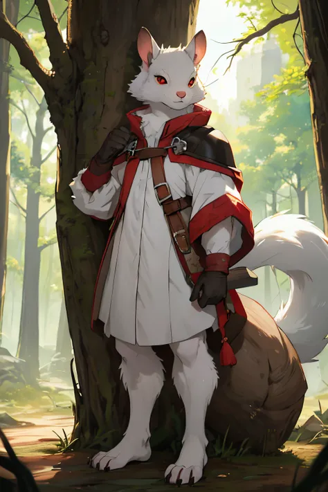 White squirrel, werewolf squirrel, white skin, all covered with wool, Medieval times, Squirrel, squirrel on two legs, squirrel covered only with fur and without clothes, small rodent, wild squirrel, one squirrel, in full height, red eyes, furry tail, many ...