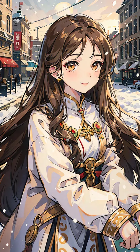 Mature girl , long brown wavy hair, long brown wavy hair, floating wavy hair, wavy hair, golden eyes, golden eyes, FOV, f1.8, masterpiece, complex scene, front portrait shot, winter clothing, snowing, city in background, close up, smiling, ((NO BANGS))