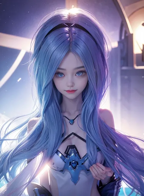 long blue hair，nice face，purple bikini，heterochromatic pupil，ssmile，rays of sunshine，full body photo，soft metering