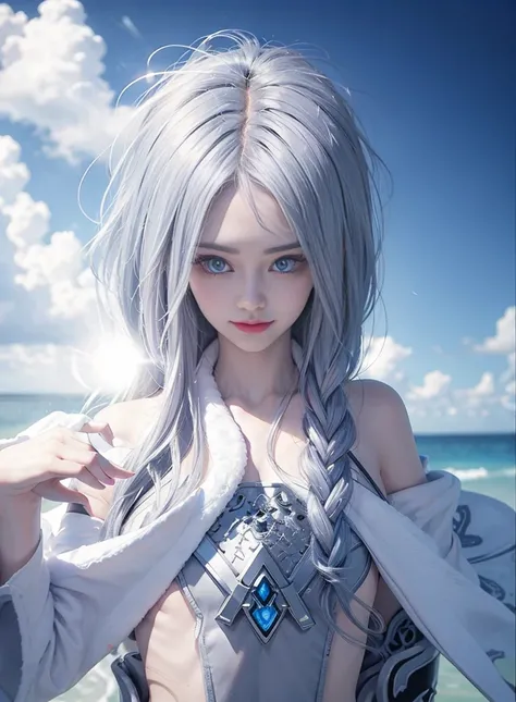 fluorescent silver hair，Nice face，Gray bikini，Heterochromatic pupil，ssmile，rays of sunshine，Full body photo，Soft metering