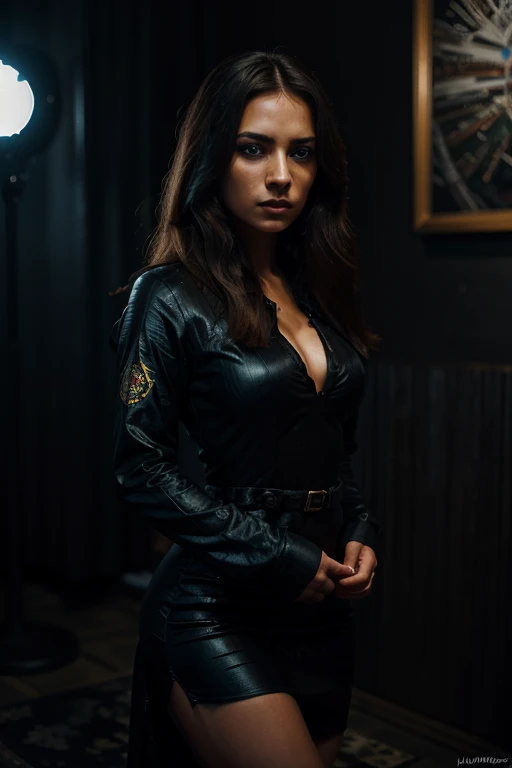 front view (beautiful Brazilian woman, blue eyes, in black dress ) artistic sharp gloomy art, (dan mumford style:1.3), hdr, realism, cinematic woman