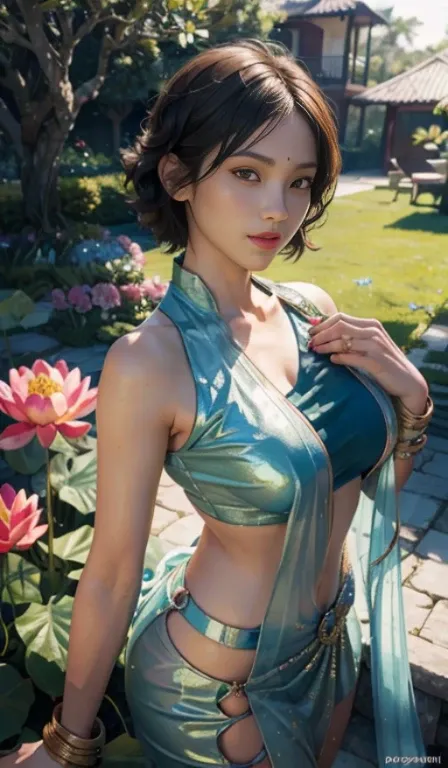 kazama asuka,a girl,wearing an elegant 100% transparent saree,curly short hair,deep black eyes,shiny red lips,brown skin,lotus flower in her hair,bindi on forehead,palms decorated with henna,in a blooming garden,bright colorful flowers,green grass,blue sky...