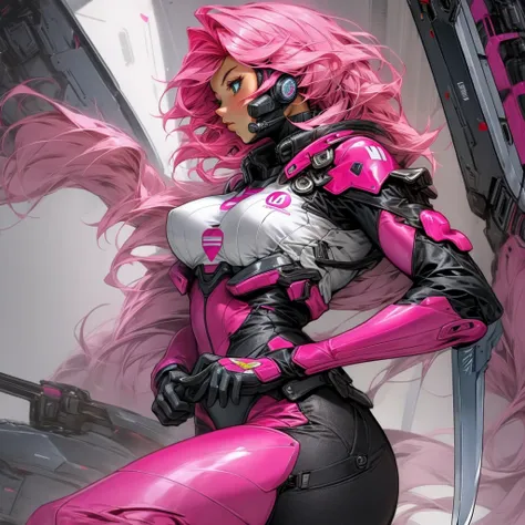 Pilot suit big breasts pink hair long knife