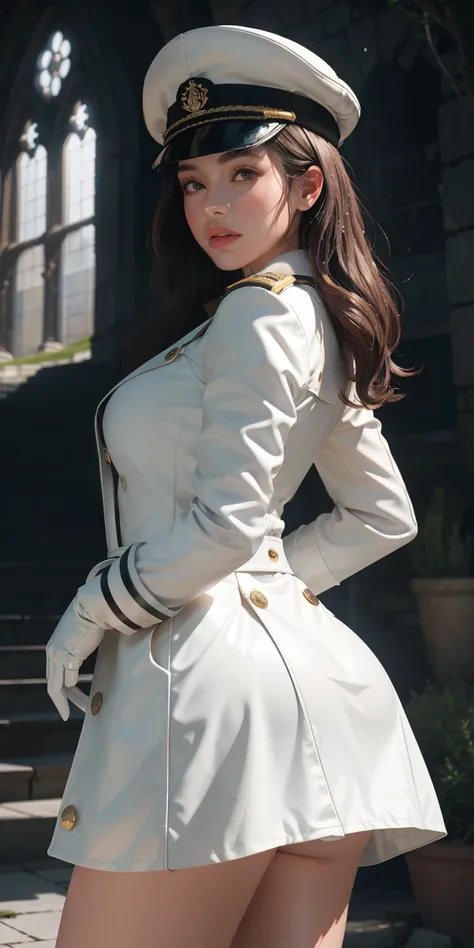 Very detailed CG, 1 girl, red face, slightly open lips, wet body, plump and symmetrical breasts, raised buttocks, long white trench coat, two-breasted buttons, buttoned well, white military cap, white gloves, white boots, green wavy curls, leather whip, ch...