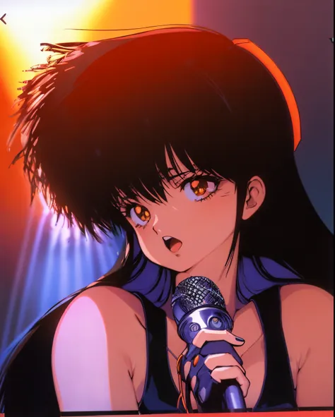 fulcolor、rich in color、masutepiece、black and white photo of a woman with a microphone, misato katsuragi, gainax anime style, clo...