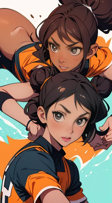 Draw a darker tanned woman with curly hair in a messy bun in the world of haikyu! make sure she is animated like the haikyu anime on the main team karasuno’s jersey for a uniform.