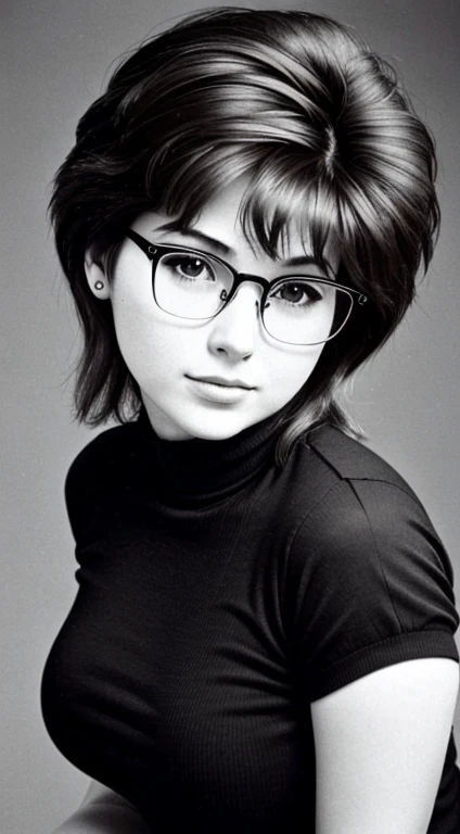 Realistic 80s photo on monochrome film; modest shy young petite plump Russian woman 38 years old, beautiful proportional round face, round cheeks, Round chin, Big shiny brown eyes, eyeglasses, beautiful small nose, Parted full sensual lips, Serious, calm p...