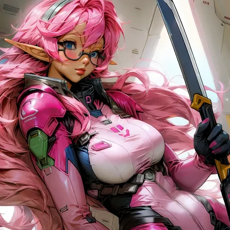 Pilot suit big breasts pink hair long glasses elf ears