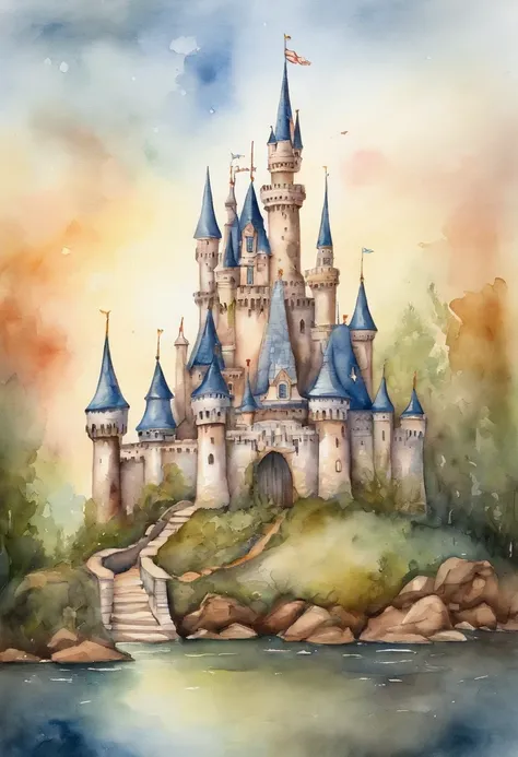 fantasy castle, fairy tale castle, disney castle, Stacia Burlington style, watercolor, soft color, Vintage images