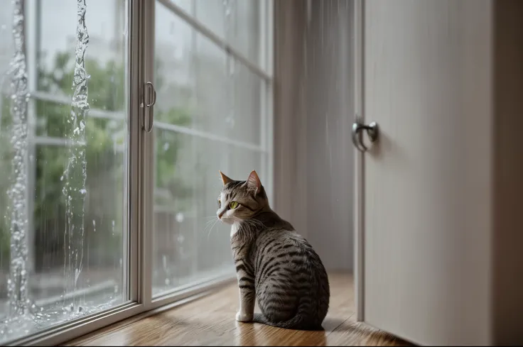 cat back view depth focus，Cat on the windowsill，rainy outside，floor to ceiling window，Fully transparent glass，Tech Style，rained，Gray tones --auto --s2