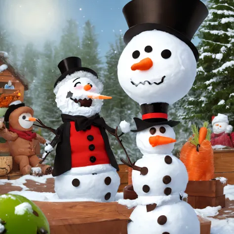 Make an animatronic snowman with cartoony big teeth, a long top hat, circular sunglasses, and carrot nose playing the electric guitar.