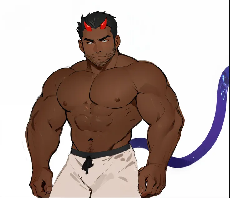 male people，with brown skin，Muscle tissue，(Grow a beard:0.4)，Purple tail，black hair color hair，gold eyes，mature，Simple lines，(red demon horns)