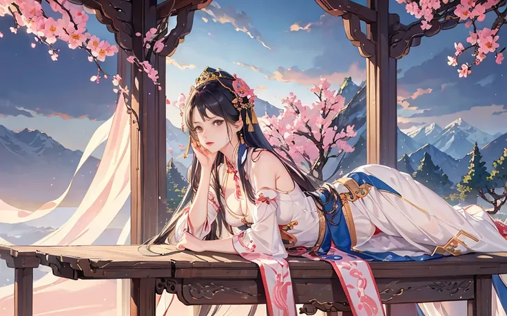 with blue sky and white clouds，mountain in the distance，pink flowers，cherry trees，Hanfeng girl,phoenix crown tiara、Dense embroidery、Wearing Hanfu pantyhose、wearing sleeveless Hanfu、You can clearly see the transparent pants、look at panties and panties、Bare ...