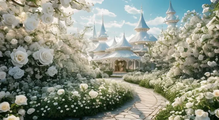 White tones，Best quality at best,4K,8K,A high resolution,tmasterpiece,ultra - detailed，(extremly intricate,Rose blanche)，theme park,Beautiful and delicate rose，(Romantic and dreamy atmosphere),Delicate and beautiful flowers,(White rose bush，white rose vine...