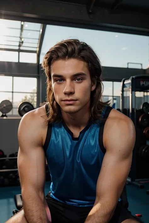 A photorealistic portrait of a 25-year-old American man with , hair and striking blue eyes.  illuminated by hard aesthetic look, golden-hour sunlight. with gym setup at background .