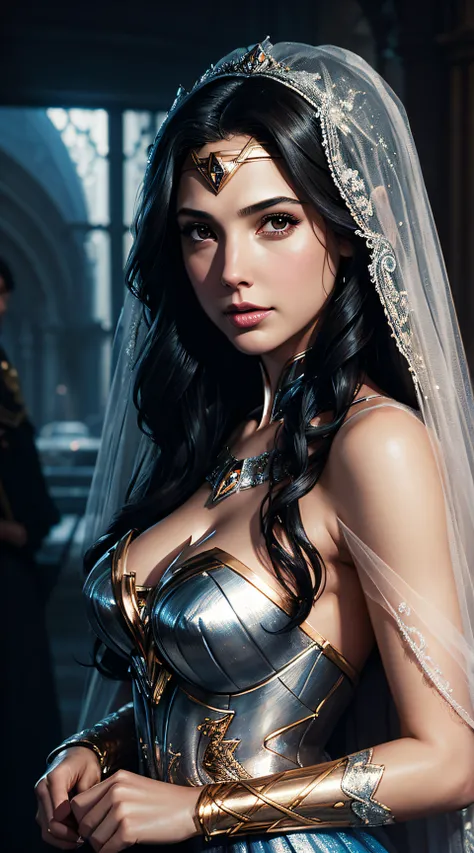 Gal Gadot, veil bride cinderella sexy clothes, character portrait, 4 9 9 0 s, long hair, intricate, elegant, highly detailed, digital painting, artstation, concept art, smooth, sharp focus, illustration, art by wlop, charlie bowater and alexandra fomina