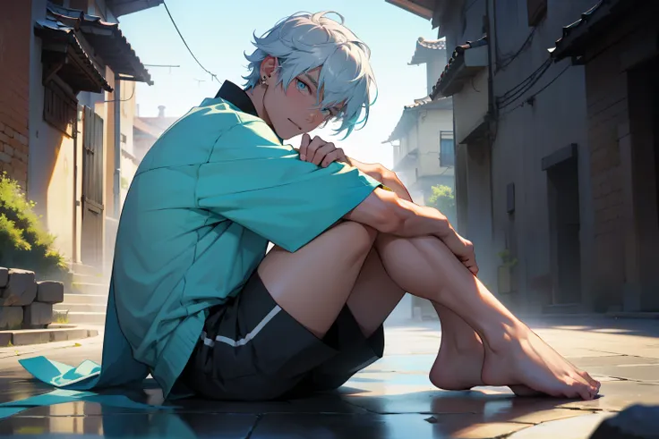 Best quality at best， tmasterpiece， 超高分辨率， detailedbackground， フォトリアリスティック， Lighting， Single， 1 boy， The barefoot， Volumetriclighting， depth of fields， Ultra shorts， white color hair， cyan pupils，single earring， The character is on the right， mid - length ...