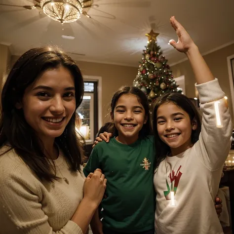 Um homem e uma mulher, flanked by two children, are gathered around the Christmas tree, their faces illuminated by smiles of gratitude. In a moment of family unity, everyone raises their hands in thanksgiving to God, celebrando juntos as alegrias da tempor...