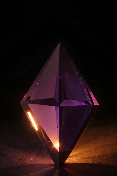 precious perfect thin rhombus gemstone, tiny compared to picture, orange to purple gradient, sparkling, emitting lots of purple and orange light into void, plain black background, empty background, floating in the void, rhombus, more cartoonish