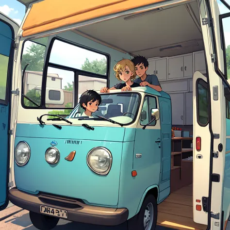 black haired boy and blonde girl in camper van