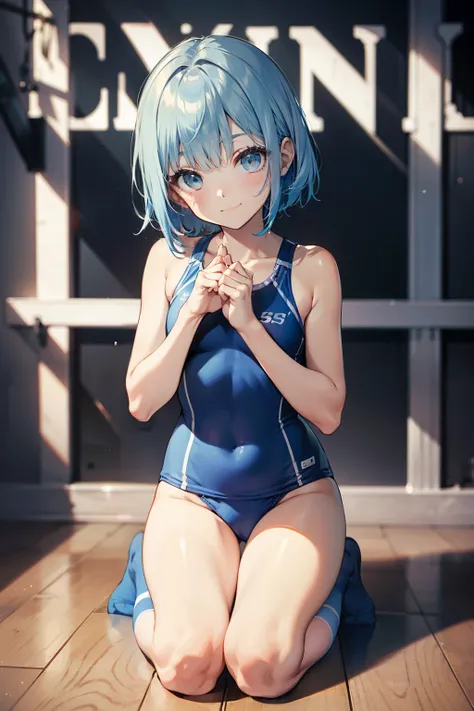 top-quality、Full limbs、complete fingers、Slender beauty、ssmile、Wearing a school swimsuit、lightblue hair、Wear knee-high socks、darkened room、Cover your crotch with both hands、Kneeling