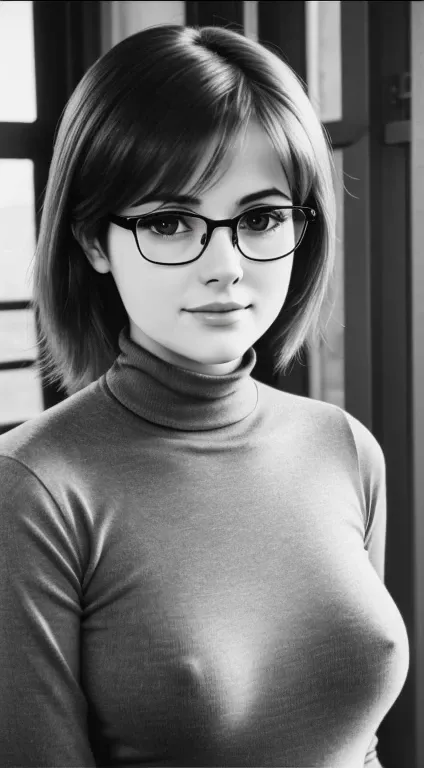 Realistic 80s photo on monochrome film; modest shy young petite plump Russian woman 38 years old, beautiful proportional round face, round cheeks, Round chin, Big shiny brown eyes, eyeglasses, beautiful small nose, Parted full sensual lips, Serious, calm p...