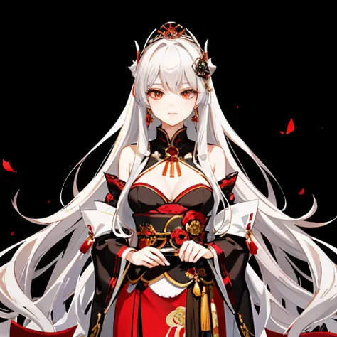 Yotohime in a captivating red-and-black ensemble that reflects both her celestial nature and an air of mystery. She wears a regal, flowing gown with intricate patterns reminiscent of constellations in red against a black backdrop. The fabric has a subtle s...