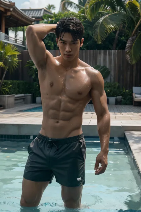 Korean male model, k pop idol, topless, muscles, head to toe, full body portrait, standing ,luxury cruise background, realistic, romantic, photograph, portrait, elegance handsome, athlete body, fashion set, mens wear, shorts, shorts hi cut underwear, full ...