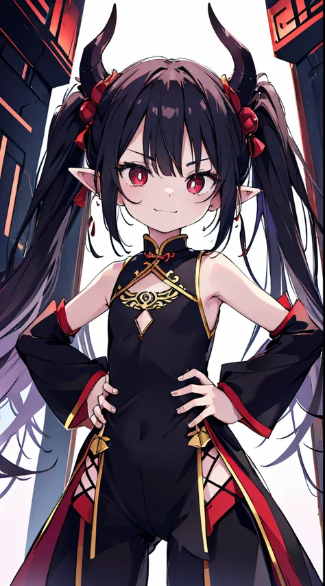 (8k、top image quality、top-quality、​masterpiece)、1 loli、a dark-haired、(twin-tailed)、red eyes、smirk grin、demonic horns、pointed ear...