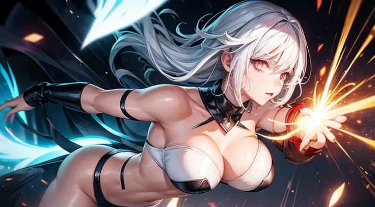 half-naked sexy superpowered woman with white hair with glowing eyes almost dying