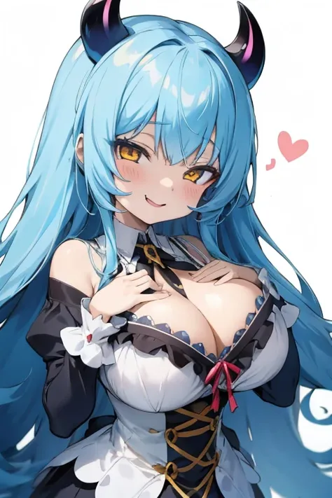 Kawaii Girl,Happy face,sky blue hair,Yellow eyes,Very long straight hair,demonic horns,ultra gigantic tits,Goth loli costume,(Chest exposed),Looking at Viewer,White background