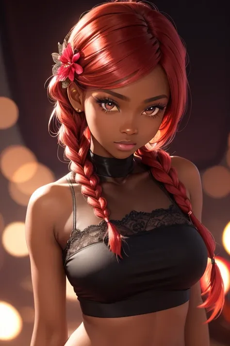 lip gloss, eyelashes, glossy side, shiny black skin, dark skin, best quality, ultra-high resolution, depth of field, chromatic aberration, caustic, wide light, natural shadow, red hair, french braid, fully body, whole body, crop top, lace, hair flower