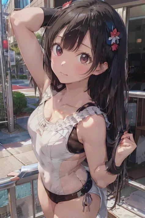 masutepiece, Best Quality, Game CG, 1girl in, Solo, Looking at Viewer, , depth of fields, , Realistic,,Stand in the ring of professional wrestling,One-piece swimsuit made of white lace fabric,Idol,Black hair straight,Idol female professional wrestler