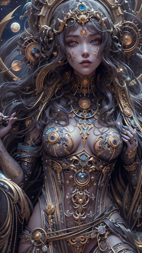 （best qualtiy，ultra - detailed，Most Best Illustration，Best shadow，tmasterpiece，A high resolution，professionalartwork，famousartwork），Detailed eyes，beautidful eyes，closeup cleavage，sci-fy，colored sclera，Robot eyes，face markings，Tattooed with，（fractalized，Fra...