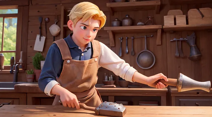 Henry Smith, a young man with kind eyes and a gentle demeanor, working diligently in the village blacksmiths shop.Visualize Henry, clad in a simple blacksmiths apron, hammering away at a glowing anvil. His youthful face, etched with determination, reflects...