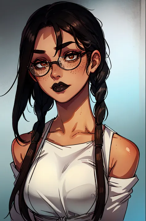 Masterpiece, best quality, portrait, female, tanned skin, black lips, Black hair which she always has tied in two braids that hang over her shoulders, wears large round glasses, dark brown eyes, doesnt wear makeup, freckles, beautiful